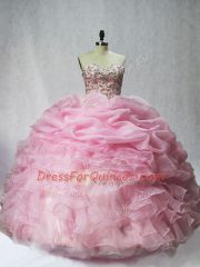 Cute Organza Sweetheart Sleeveless Lace Up Beading and Ruffles and Pick Ups Quinceanera Gown in Baby Pink