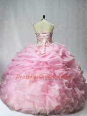 Cute Organza Sweetheart Sleeveless Lace Up Beading and Ruffles and Pick Ups Quinceanera Gown in Baby Pink