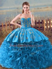 Embroidery and Ruffles Quinceanera Gown Baby Blue Lace Up Sleeveless Floor Length Brush Train