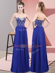 Unique Royal Blue Chiffon Zipper Sweetheart Sleeveless Floor Length Evening Dress Beading