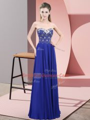 Unique Royal Blue Chiffon Zipper Sweetheart Sleeveless Floor Length Evening Dress Beading