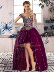 Purple Lace Up Prom Dresses Beading Sleeveless High Low