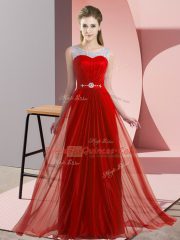 Fitting Floor Length Red Quinceanera Dama Dress Chiffon Sleeveless Beading
