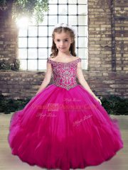 Fuchsia Little Girl Pageant Gowns Party and Wedding Party with Beading Off The Shoulder Sleeveless Lace Up