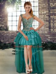 Hot Selling Teal A-line Beading Evening Dress Lace Up Sleeveless High Low