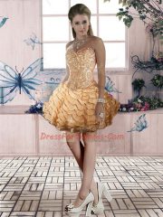 Gold Ball Gowns Beading and Lace and Ruffled Layers Dress for Prom Lace Up Organza Sleeveless Mini Length