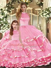 Pink Lace Up High-neck Beading and Ruffled Layers 15 Quinceanera Dress Organza Sleeveless