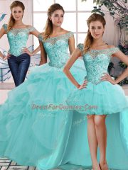Fashion Off The Shoulder Sleeveless Ball Gown Prom Dress Floor Length Beading and Ruffles Aqua Blue Tulle