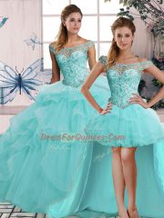 Fashion Off The Shoulder Sleeveless Ball Gown Prom Dress Floor Length Beading and Ruffles Aqua Blue Tulle