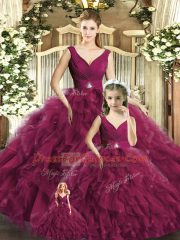 Sumptuous Burgundy Ball Gowns Beading and Ruffles Sweet 16 Dress Backless Tulle Sleeveless Floor Length