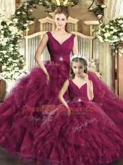 Sumptuous Burgundy Ball Gowns Beading and Ruffles Sweet 16 Dress Backless Tulle Sleeveless Floor Length