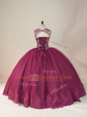 Scoop Long Sleeves Lace Up 15th Birthday Dress Burgundy Tulle
