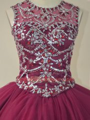 Scoop Long Sleeves Lace Up 15th Birthday Dress Burgundy Tulle