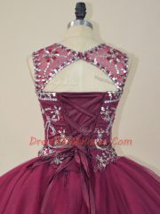 Scoop Long Sleeves Lace Up 15th Birthday Dress Burgundy Tulle