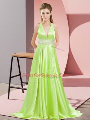 Yellow Green Juniors Party Dress Prom and Party with Beading V-neck Sleeveless Brush Train Backless