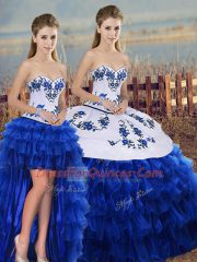 Royal Blue Organza Lace Up Sweetheart Sleeveless Floor Length Sweet 16 Dresses Embroidery and Ruffled Layers and Bowknot