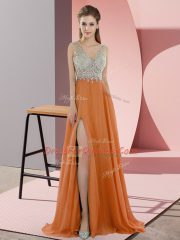 Orange Zipper Dress for Prom Beading Sleeveless Sweep Train