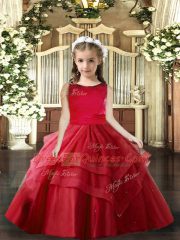 Red Lace Up Scoop Ruffled Layers Girls Pageant Dresses Tulle Sleeveless