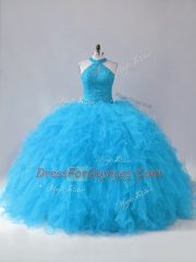 Halter Top Sleeveless Quince Ball Gowns Floor Length Beading and Ruffles Blue Tulle
