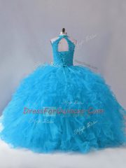 Halter Top Sleeveless Quince Ball Gowns Floor Length Beading and Ruffles Blue Tulle