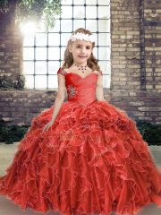 Sleeveless Organza Floor Length Lace Up Little Girls Pageant Dress in Red with Beading and Ruffles