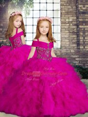 High End Straps Sleeveless Little Girls Pageant Dress Floor Length Beading and Ruffles Fuchsia Tulle