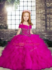 High End Straps Sleeveless Little Girls Pageant Dress Floor Length Beading and Ruffles Fuchsia Tulle