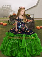 Sleeveless Lace Up Floor Length Embroidery and Ruffles Little Girl Pageant Gowns