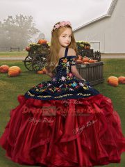 Sleeveless Lace Up Floor Length Embroidery and Ruffles Little Girl Pageant Gowns