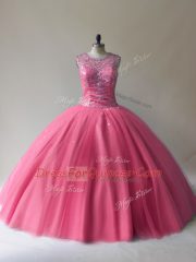 Rose Pink Scoop Lace Up Beading Sweet 16 Dresses Sleeveless