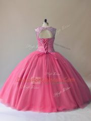 Rose Pink Scoop Lace Up Beading Sweet 16 Dresses Sleeveless