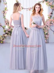 Grey Sleeveless Floor Length Lace and Belt Side Zipper Dama Dress for Quinceanera