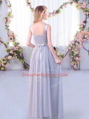 Grey Sleeveless Floor Length Lace and Belt Side Zipper Dama Dress for Quinceanera