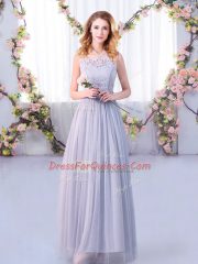 Grey Sleeveless Floor Length Lace and Belt Side Zipper Dama Dress for Quinceanera