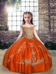 Orange Red Tulle Lace Up Little Girl Pageant Dress Sleeveless Floor Length Beading