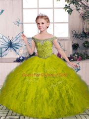 High Quality Beading and Ruffles Child Pageant Dress Olive Green Lace Up Sleeveless Floor Length