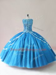 Luxury Baby Blue Scoop Lace Up Beading and Appliques Quince Ball Gowns Sleeveless