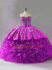 Customized Beading and Embroidery and Ruffles Quinceanera Dress Fuchsia Lace Up Sleeveless Brush Train