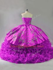Customized Beading and Embroidery and Ruffles Quinceanera Dress Fuchsia Lace Up Sleeveless Brush Train