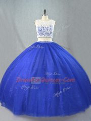 Ideal Royal Blue Sleeveless Floor Length Lace Zipper Quinceanera Gown