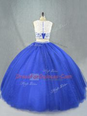 Ideal Royal Blue Sleeveless Floor Length Lace Zipper Quinceanera Gown