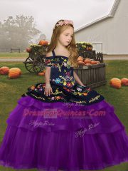 Great Floor Length Lace Up Kids Pageant Dress Purple for Party and Wedding Party with Embroidery and Ruffled Layers