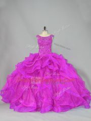 Dramatic Fuchsia Lace Up Scoop Beading 15 Quinceanera Dress Organza Sleeveless Brush Train