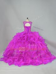 Dramatic Fuchsia Lace Up Scoop Beading 15 Quinceanera Dress Organza Sleeveless Brush Train
