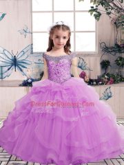 Perfect Lilac Tulle Lace Up Pageant Dress Sleeveless Floor Length Beading