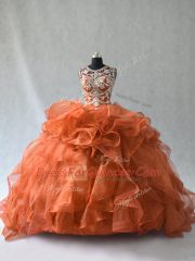 Affordable Rust Red Sweet 16 Dress Organza Sleeveless Beading and Ruffles