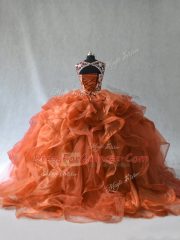 Affordable Rust Red Sweet 16 Dress Organza Sleeveless Beading and Ruffles