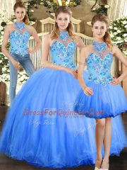 Affordable Sleeveless Floor Length Embroidery Lace Up Quinceanera Gowns with Blue
