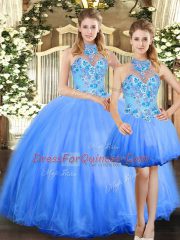 Affordable Sleeveless Floor Length Embroidery Lace Up Quinceanera Gowns with Blue