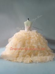 Stylish Gold Lace Up Sweetheart Beading and Ruffles Quinceanera Gowns Organza Sleeveless Brush Train
